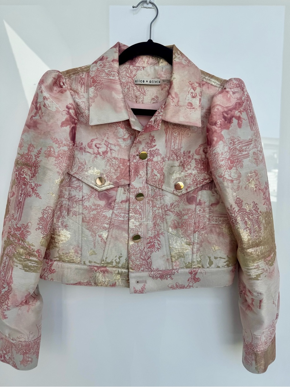 alice + olivia Pink and Gold Toile Cropped Jean Jacket